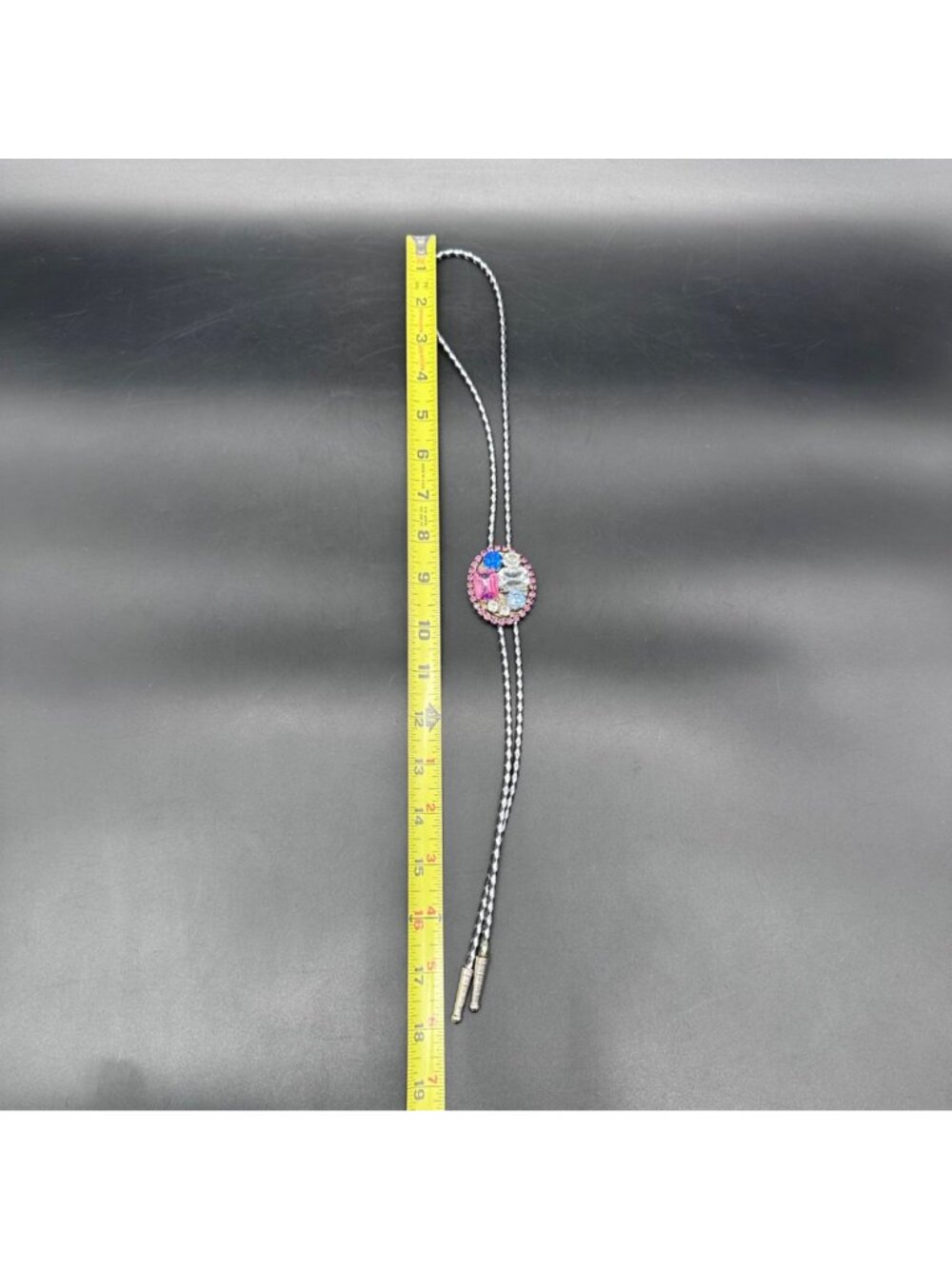 Vintage Bolo Tie Pink Blue Clear Plastic Gems Braided Cord Adjustable Western - Picture 8 of 8